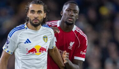 LEEDS, ENGLAND - Saturday, December 6, 2025: Liverpool's Ibrahima Konaté and Leeds United's Dominic Calvert-Lewin (L) during the FA Premier League match between Leeds United FC and Liverpool FC at Elland Road. (Photo by David Rawcliffe/Propaganda)