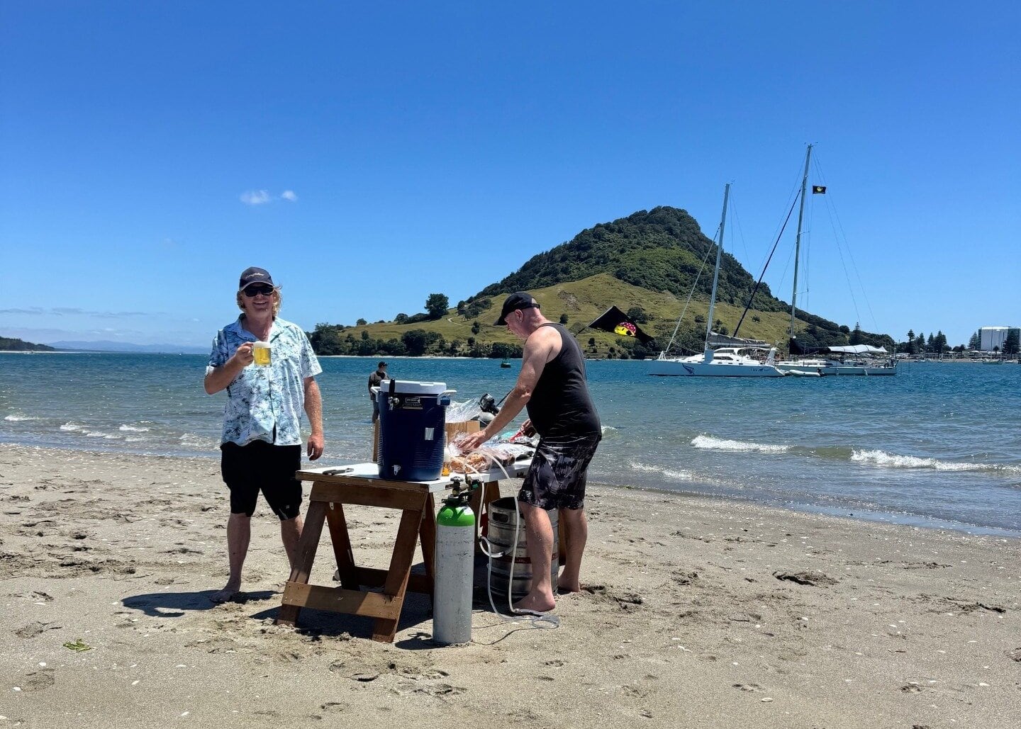  Kyle Bryant and Haeg Peterson on the sandbar in Tauranga Harbour. 