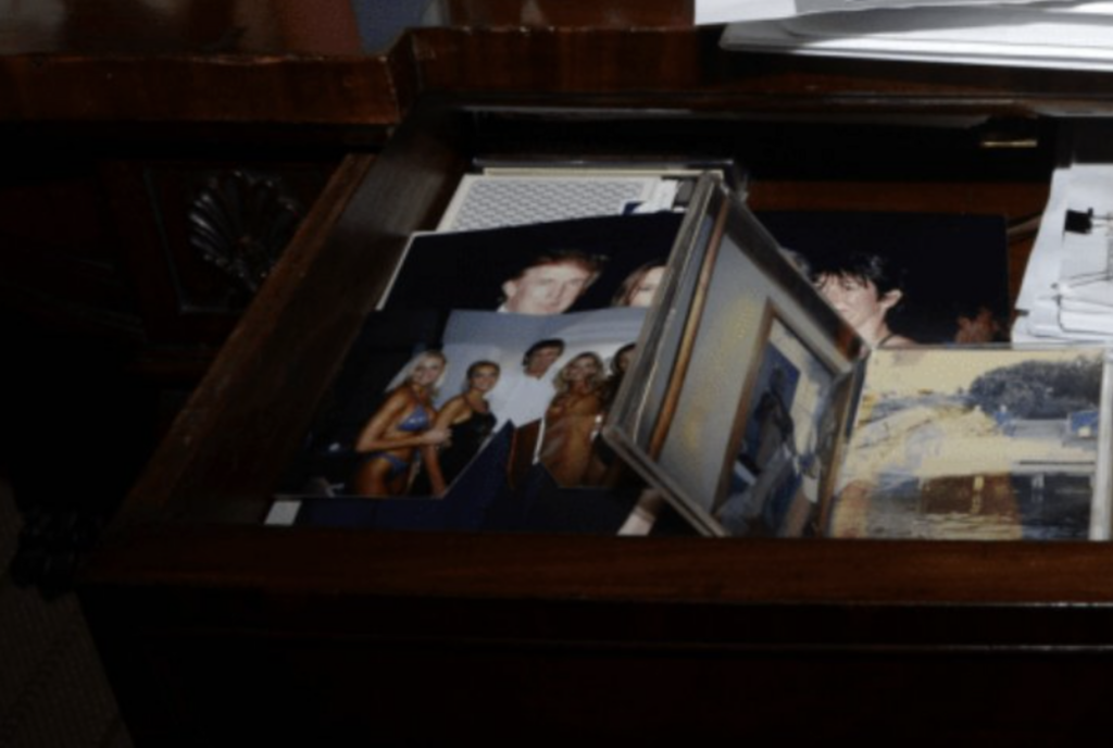 Photos of Donald Trump in a desk drawer from a entry originally included in the DOJ