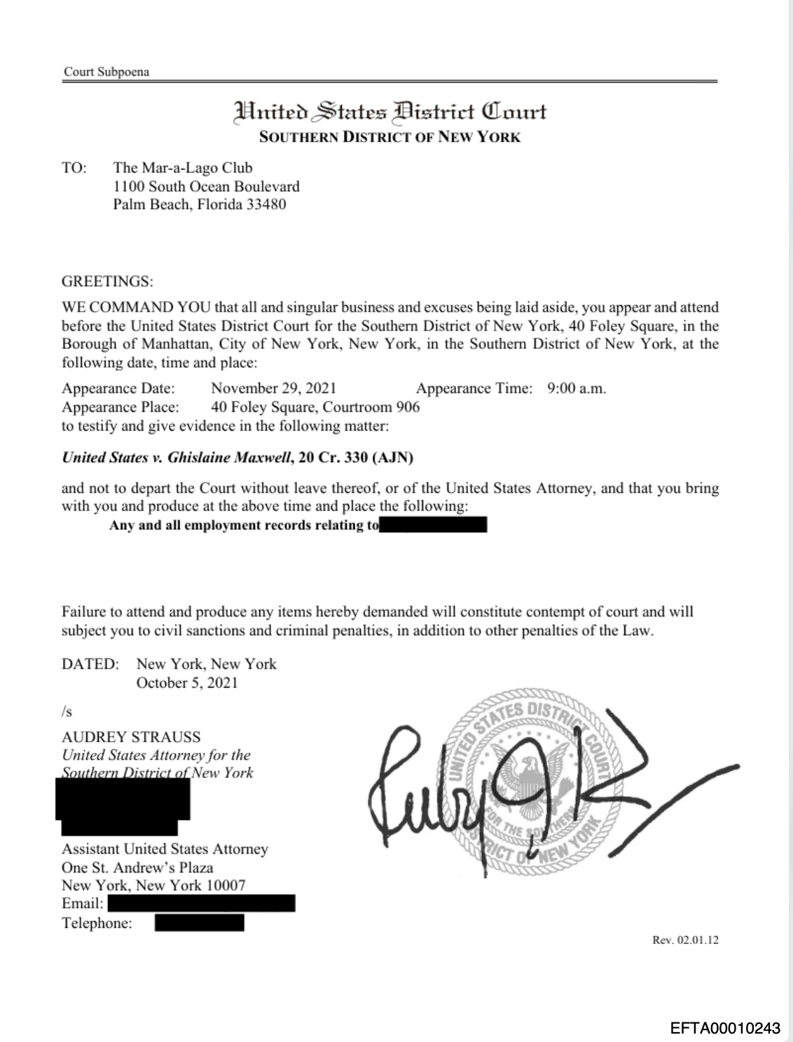 Federal prosecutors subpoenaed Trump's Mar-a-Lago resort in 2021 for employment records as they prosecuted Ghislaine Maxwell, documents show