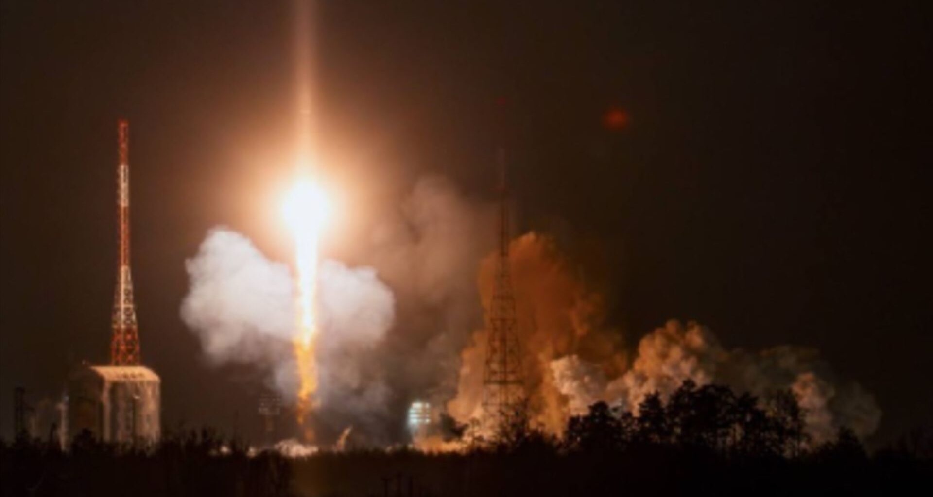 A Russian Soyuz rocket launches into space at night on Dec. 28, 2025.