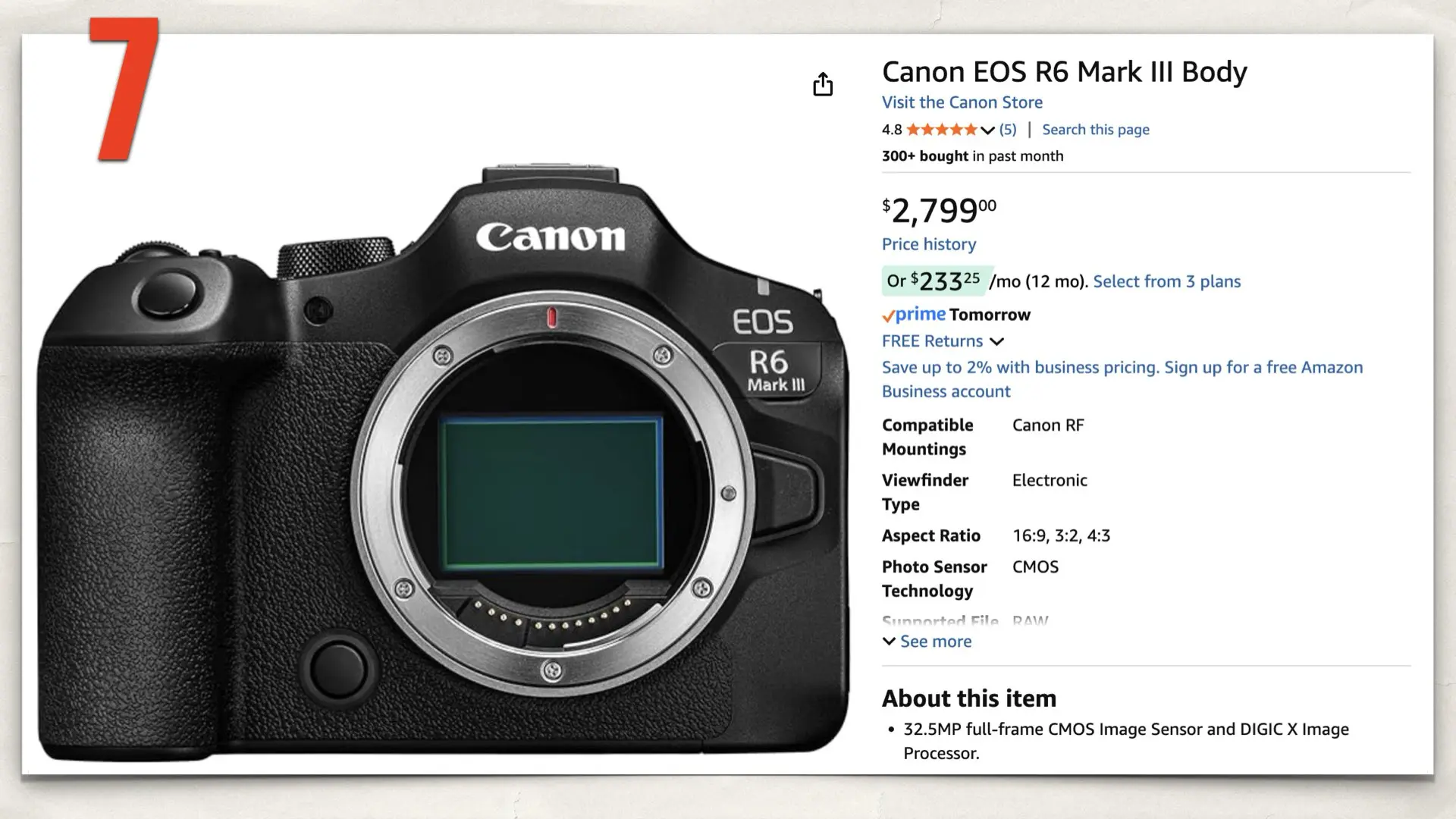 The Canon EOS R6 Mark III on Amazon