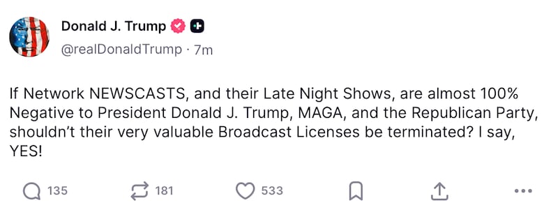 Donald Trump makes a threat to anti-MAGA TV coverage.