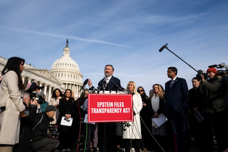 Republican Thomas Massie speaking at a news conference on the Epstein Files Transparency Act outside the Capitol in Washington, on Tuesday. Photograph: Tierney L. Cross/The New York Times
                      