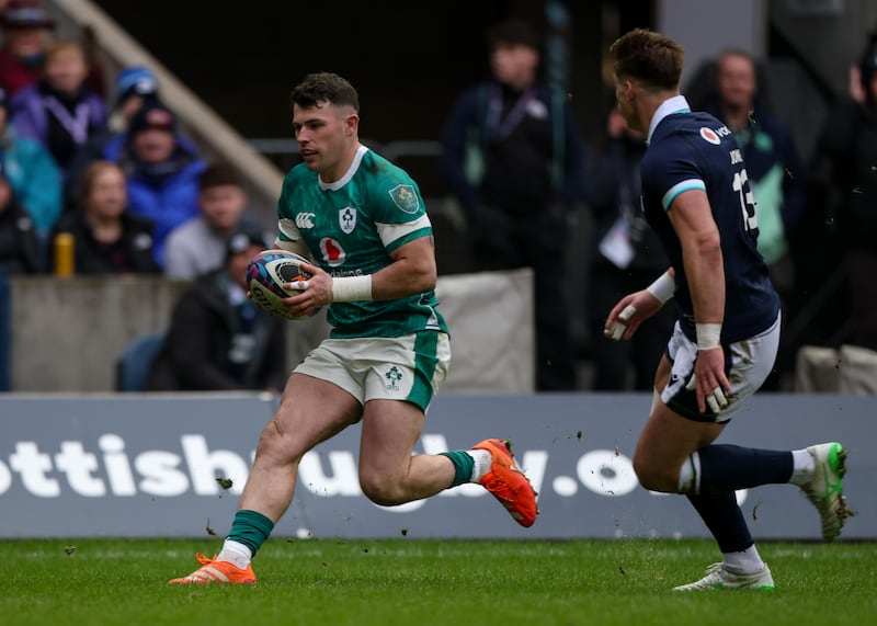 Ireland’s Calvin Nash  scores a try against Scotland during the 2025 Six Nations game at Murrayfield. Photograph: Billy Stickland/Inpho