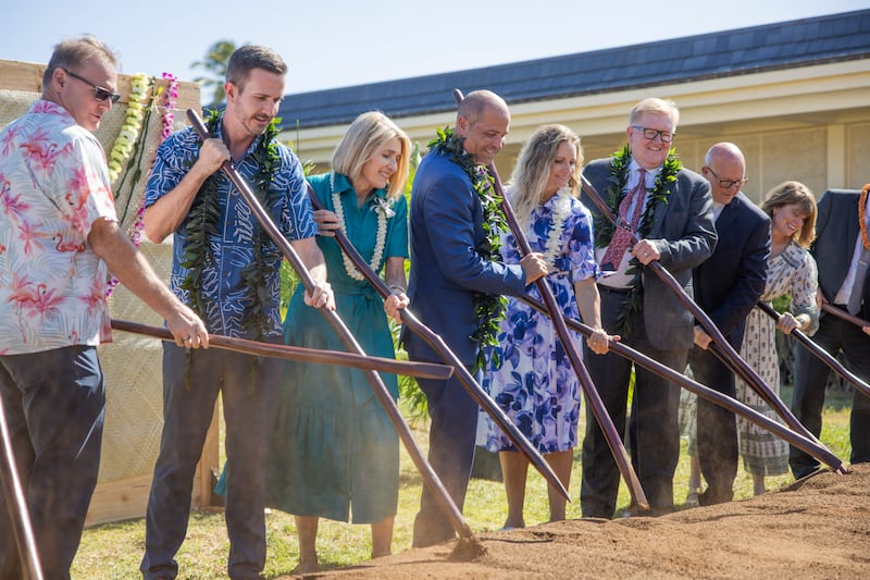 Relief Society General President Camille N. Johnson, second from left, and BYU–Hawaii President John S.K. Kauwe III, Sister Monica Kauwe, R. Kelly Haws, and other community and university leaders participate in the groundbreaking of the McKay Complex, held in Laie, Hawaii, on Thursday, Aug. 28, 2025.