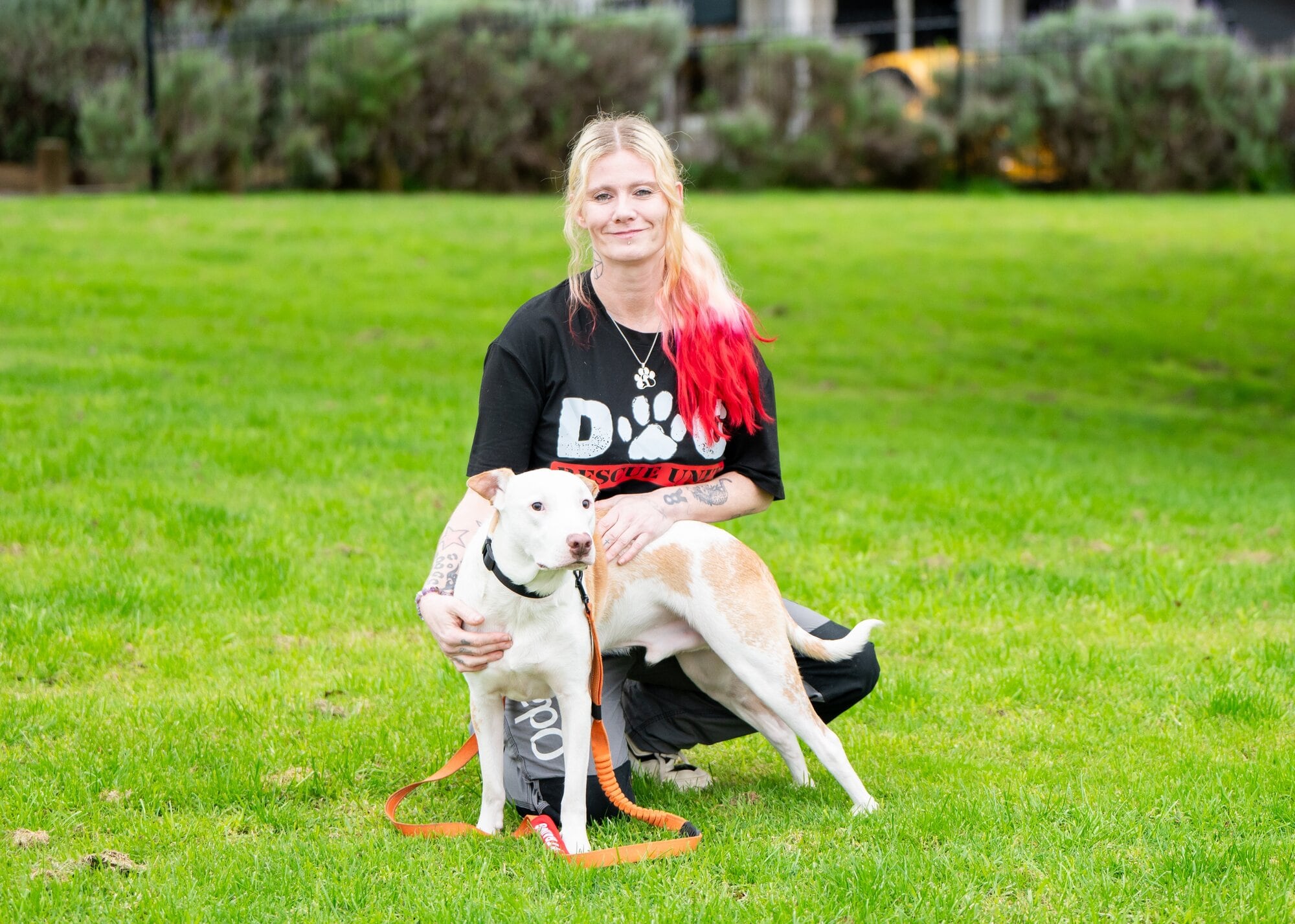 Bilbo’s Dogpaws Rescue owner Billie Te Tau and 1-year-old rescue Gunner. Photo / Brydie Thompson