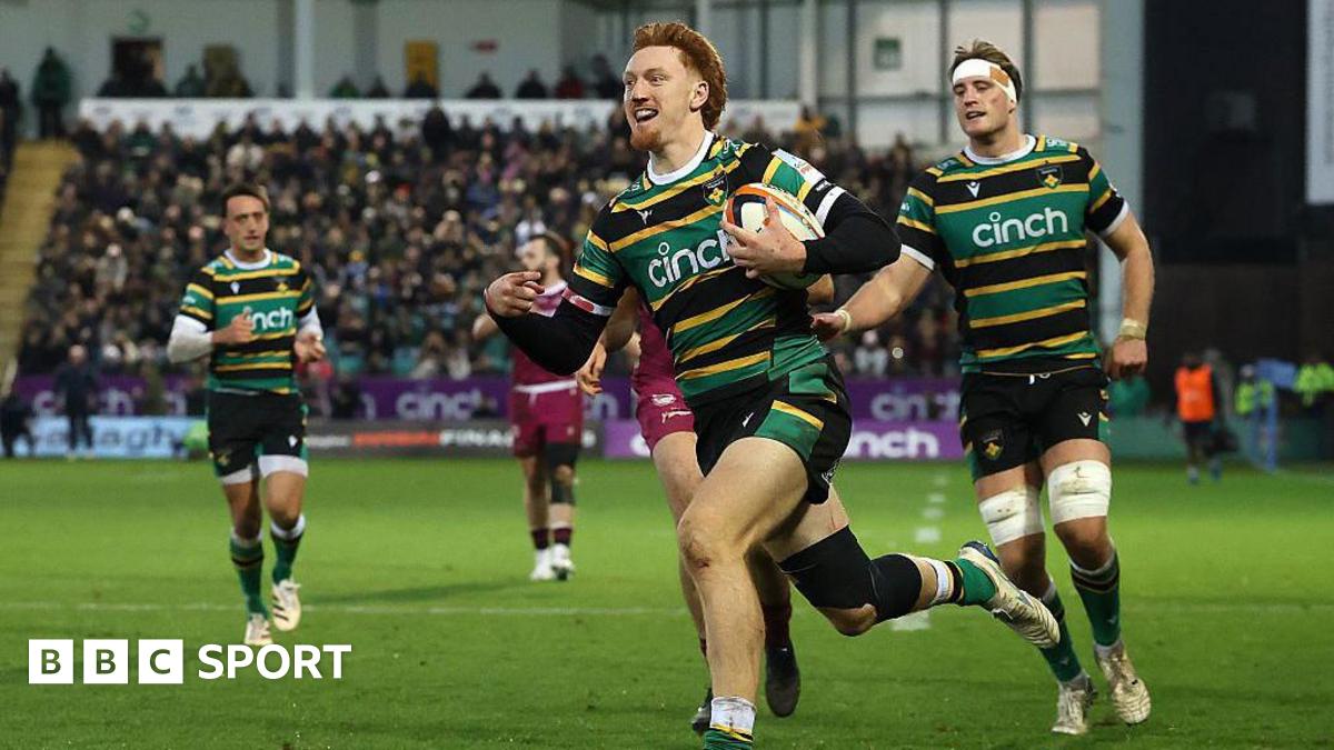 Josh Kemeny charges through the Sale defence on his way to scoring a magnificent try. Unsuccesful tackler Jacques Vermuelen watches him from the floor.