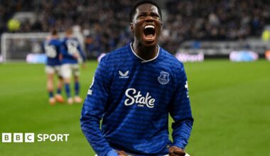 A graphic of Premier League players from every team in the division in 2025-26 season, with the Premier League trophy in front of them.