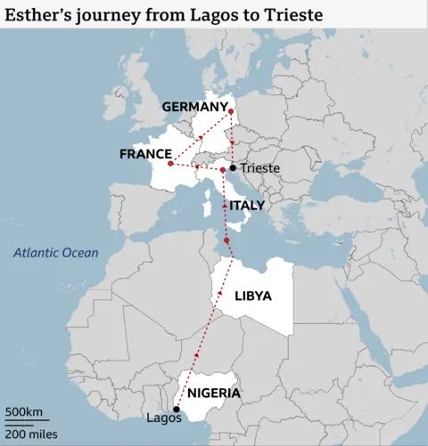 A map showing Ester's Journey from Nigeria to Libya, Italy, France, Germany and Back to Italy. 