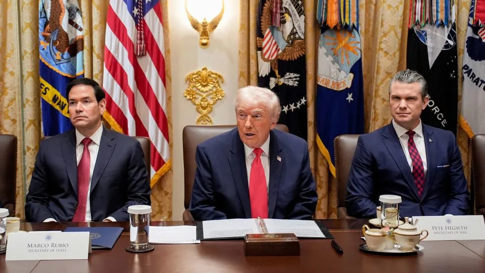 Secretary of State Marco Rubio, President Donald Trump and Secretary of Defense Pete Hegseth attend a cabinet meeting at the White House on December 2, 2025. - Yuri Gripas/CNP/Bloomberg/Getty Images