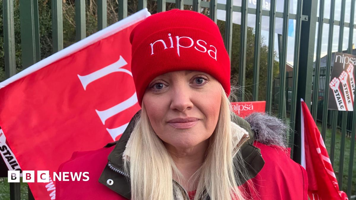 A woman with long blonde hair wears a red jacket with a green coat underneath as well as a red beanie hat with the letter NIPSA on it, in white font. Behind her is green metal fencing which has red flags resting on it. Green bushes and a blue sky can be seen through the fence. A black poster with white fists reads 'Strike' and 'Stailc' in black writing.