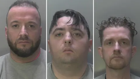 Surrey Police Three mugshots side by side of men wearing grey custody jumpers and frowning.