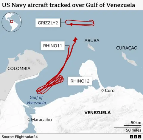 A BBC graphic showing the flight path of the F/A-18s and the Growler off the coast of Venezuela. The graphic shows the F/A-18s were marked as RHINO11 and RHINO12, which flew loops in the Gulf of Venezuela. It also shows the Growler as GRIZZLY2 moving further out. 