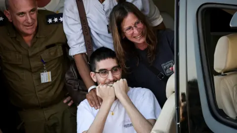 Reuters Released hostage Evyatar David reacts upon arrival at Rabin Medical Center-Beilinson Hospital, in Petah Tikva, Israel (13 October 2025)
