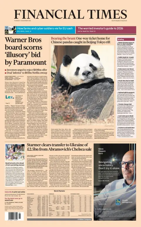 The headline on the front page of the Financial Times reads: "Warner Bros board scorns 'illusory' bid by Paramount".
