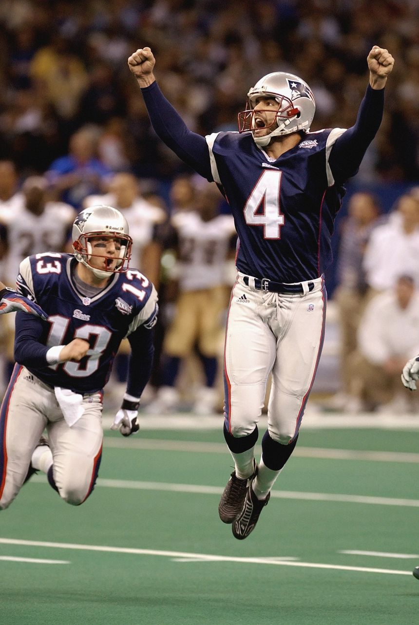 Adam Vinatieri celebrates after kicking a 48-yard field goal to win the Super Bowl in 2002 against the Rams.