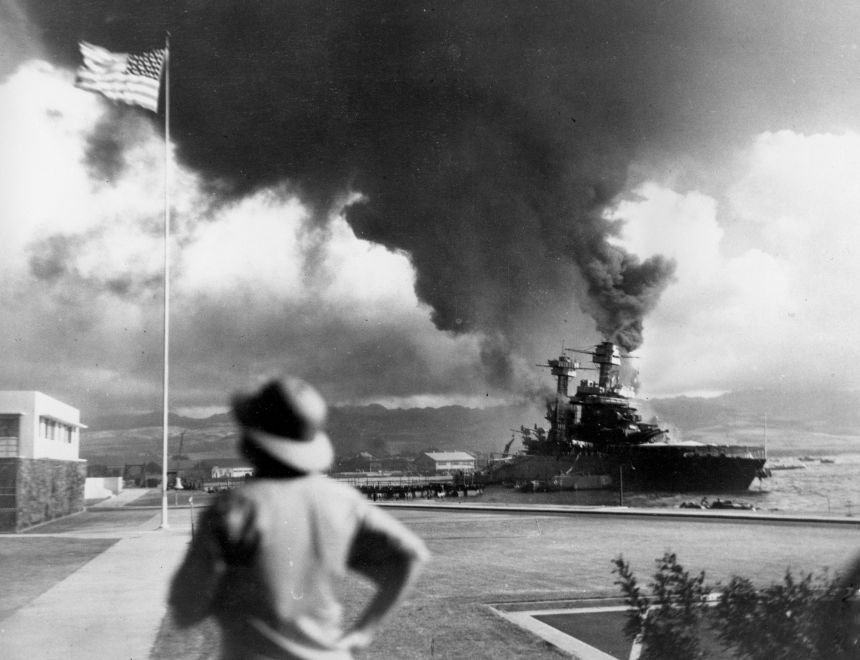American ships burn during the Japanese attack on Pearl Harbor, Hawaii, December 7, 1941.