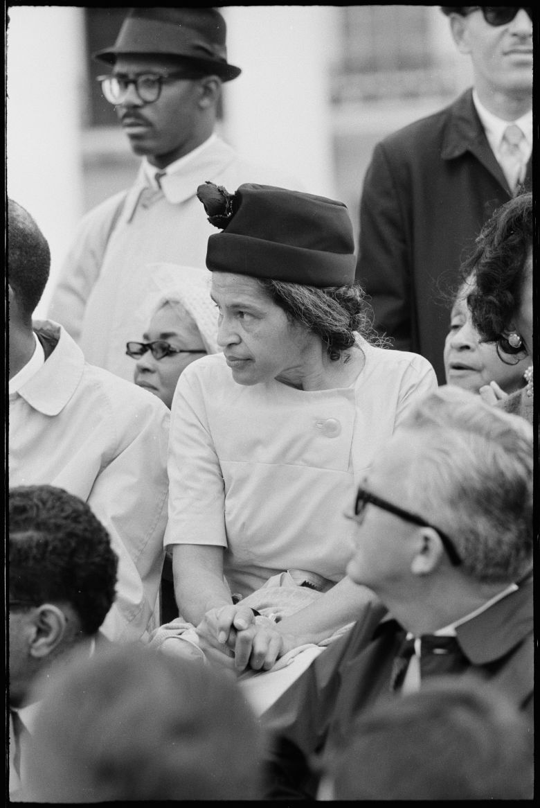 Rosa Parks sits in front of the Alabama State Capitol in Montgomery, Alabama.