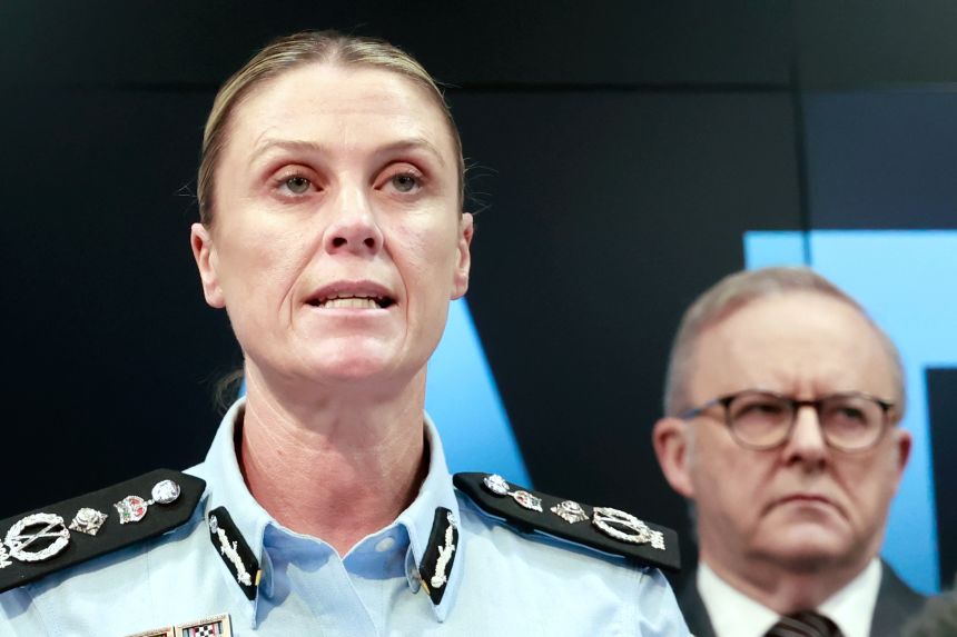 Australian Federal Police Commissioner Krissy Barrett speaks about the Bondi terror attack investigation as Prime Minister Anthony Albanese, right, listens, in Canberra, Australia on December 30, 2025.