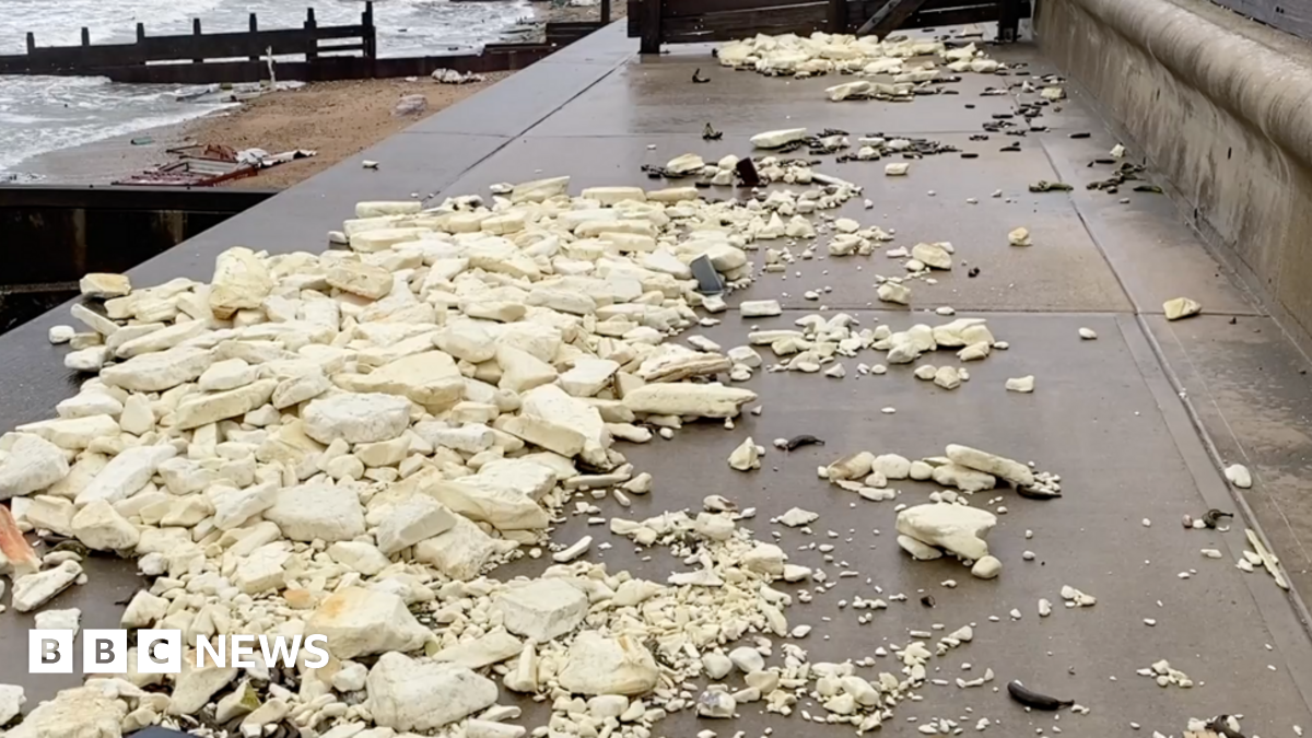 pieces of insulation foam covering the sea wall at Selsey