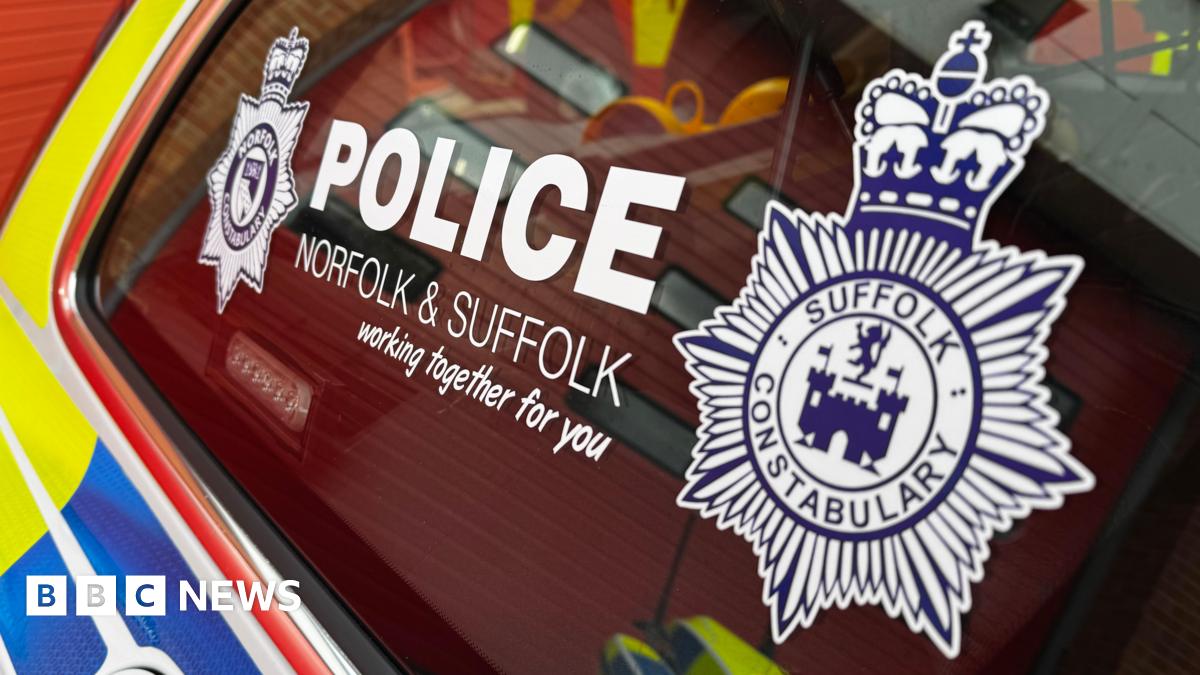 A close-up image of a police car window. Decals depicting the words POLICE Norfolk & Suffolk - working together for you are displayed in between the emblem of each police force.