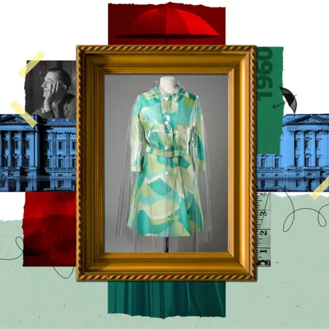 BBC/Jon Stokes Queen Fashion illustration - including an image of a transparent knee-length raincoat is seen over a shorter, collared green and blue patterned dress which has a belt, white buttons on the chest and an a-line skirt