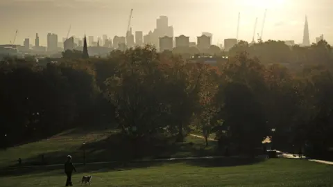 PA Media A woman walks a dog during sunrise on Primrose Hill. A silhoutte of the city is in the background amongst a cloudy yellow sly.