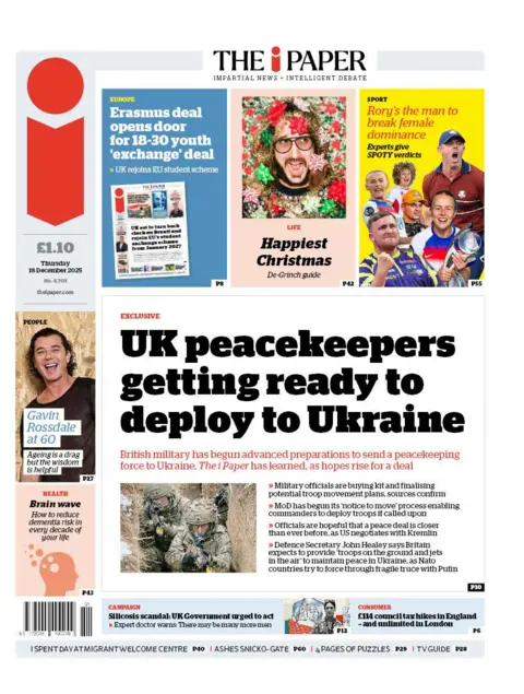 The headline on the front page of the i Paper reads: "UK peacekeepers getting ready to deploy to Ukraine".
