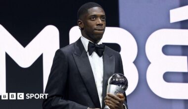 Ousmane Dembele on stage with the men's player of the year trophy at the Fifa Best Awards 2025 in Doha
