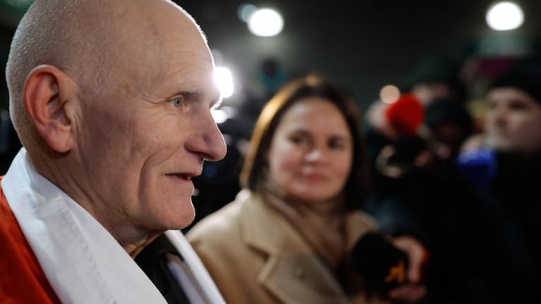 Nobel Peace Prize laureate Ales Bialiatski, one of released Belarusian prisoners, arrives at the US Embassy in Vilnius, Lithuania