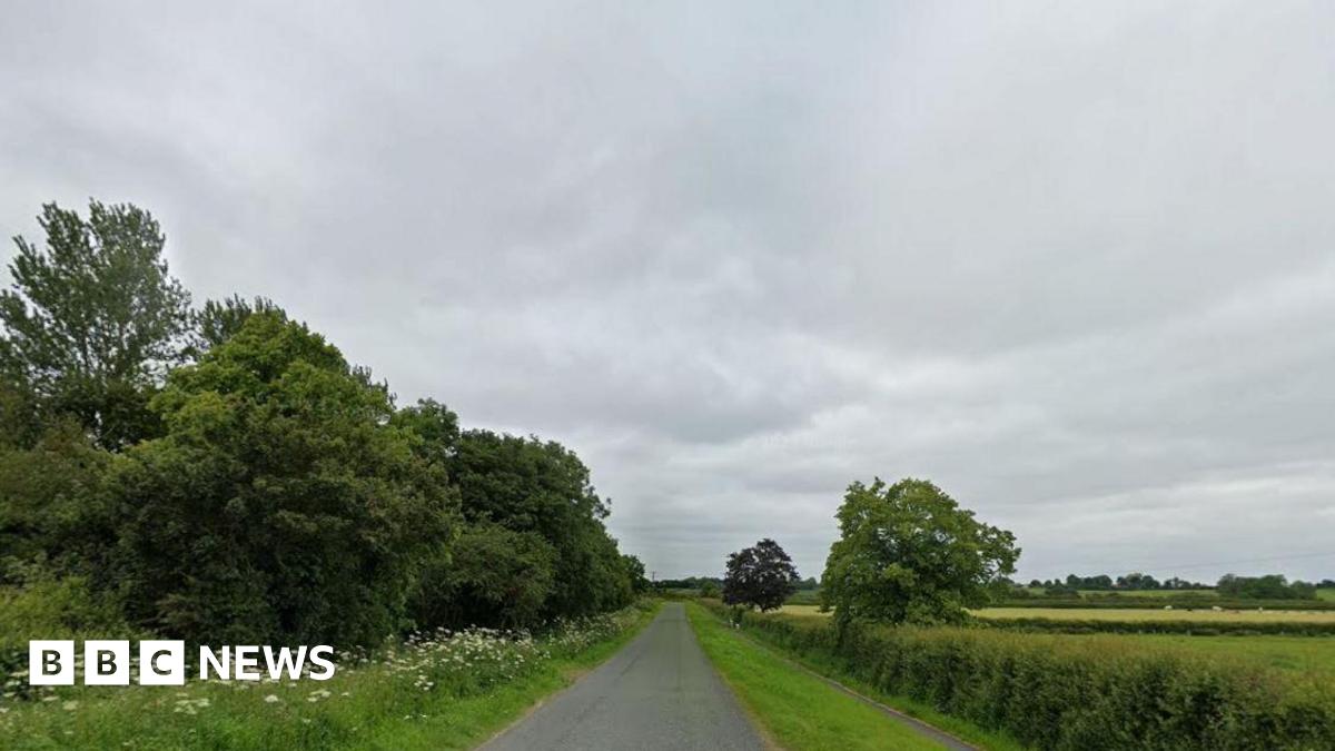 A countryside road. Grass verges with green bushes and trees line the road. The sky is overcast.