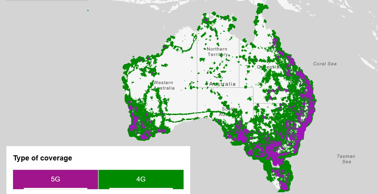 A greyscale map of Australia with areas coloured in purple showing 5G coverage and green for 4G