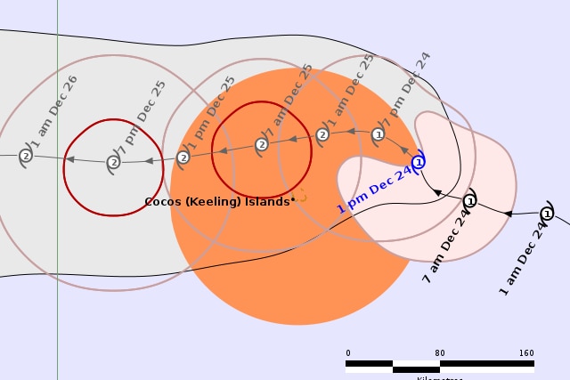 A map of a cyclone forecast with Cocos Islands located and dots of category 2 systems surrounding it.