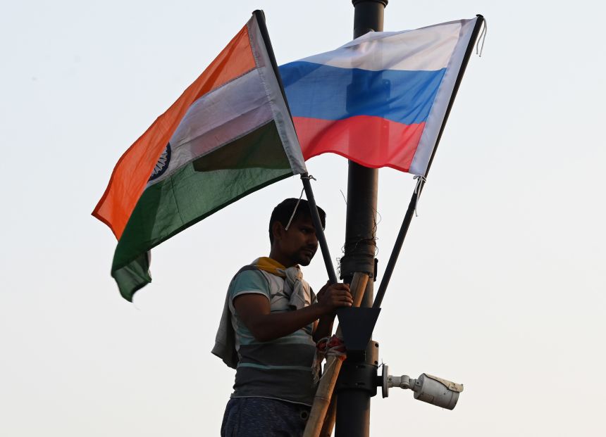 Indian and Russian flags being installed along Kartavya Path for the upcoming visit of Russian President Vladimir Putin on December 3, 2025 in New Delhi, India.