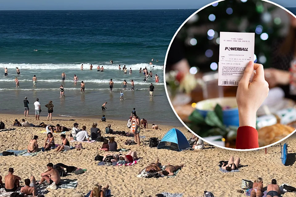 Main image shows people at Coogee Beach in Sydney over the Christmas holidays. Inset is an image of a woman holding a Powerball ticket in front of a Christmas tree.
