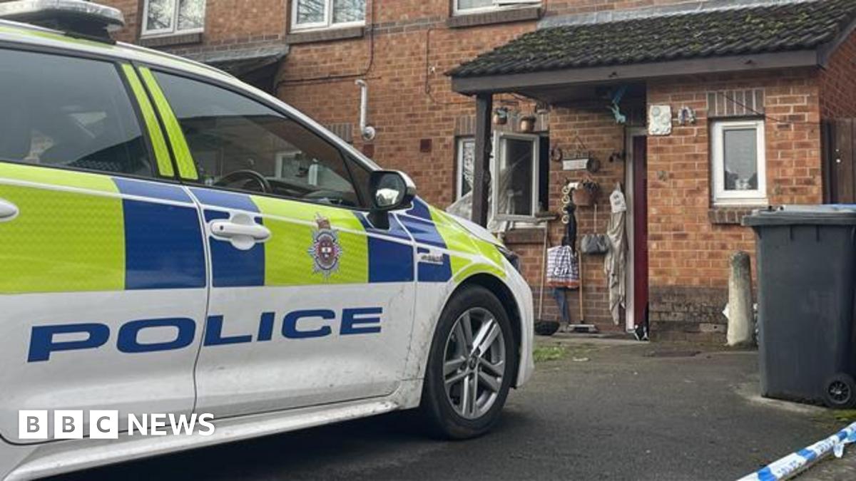 A police car parked in front of a brick house