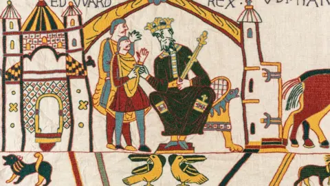 Search Press/Mark Davison Detail from Mia Hansson's replica of the Bayeux Tapestry, showing figures in a castle.