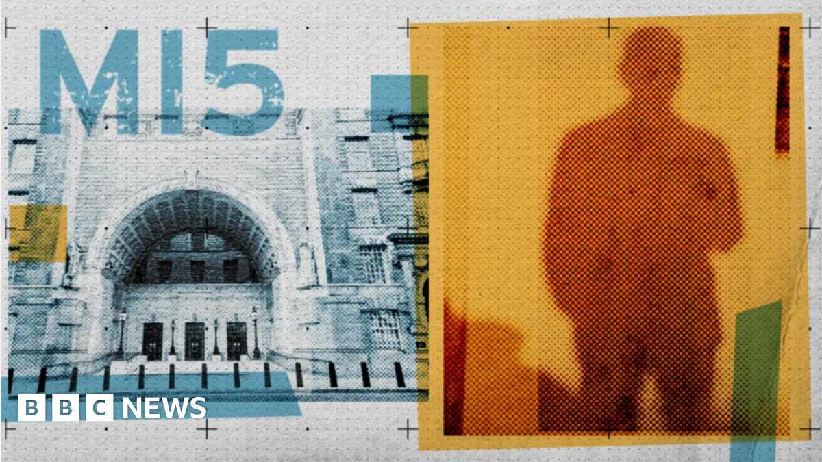 Composite styled image of a shadowy figure, with an orange box around him. The letters MI5 are prominent in the top left of the frame. And the exterior of Thames House in London is also pictured with a light blue colour wash.