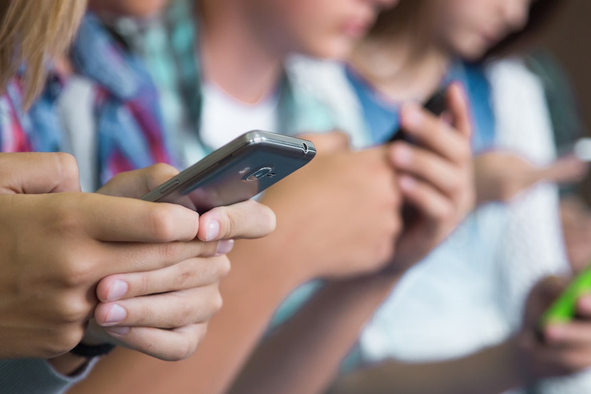 A line of people look at their mobile phones.