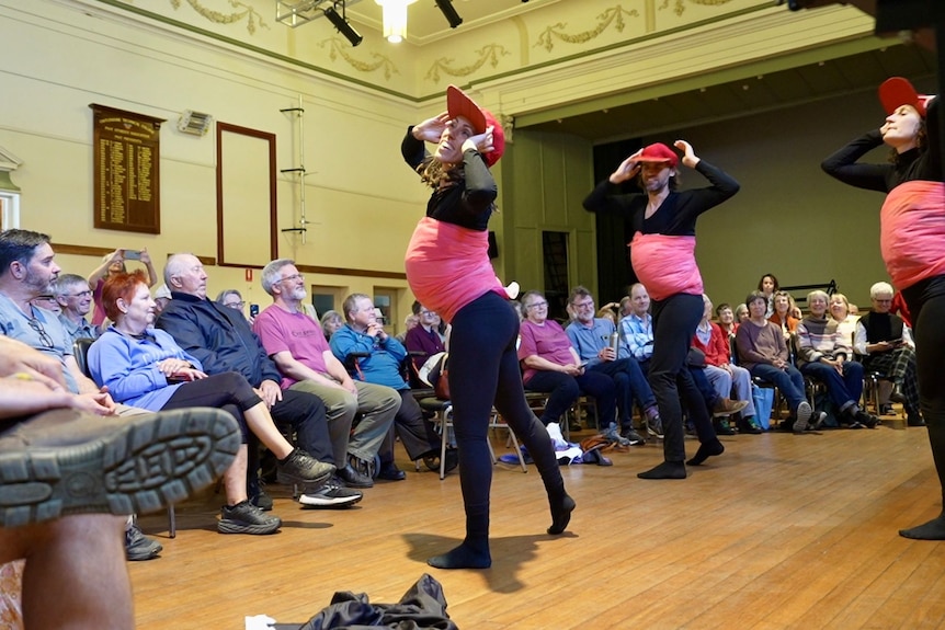 Male and female dancers in black tights, pink caps and pink midriff wraps entertain a seated crowd.