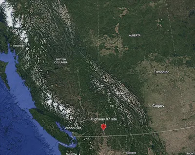 The multiple accident site is just south of Kaledon, BC, beside a lazy curve of Highway 97 as the speed limit drops from 100km/h to 80 km/h. 
