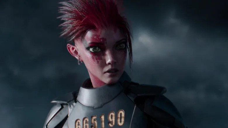 Olivia Cooke as Art3mis pausing mid-battle in Ready Player One