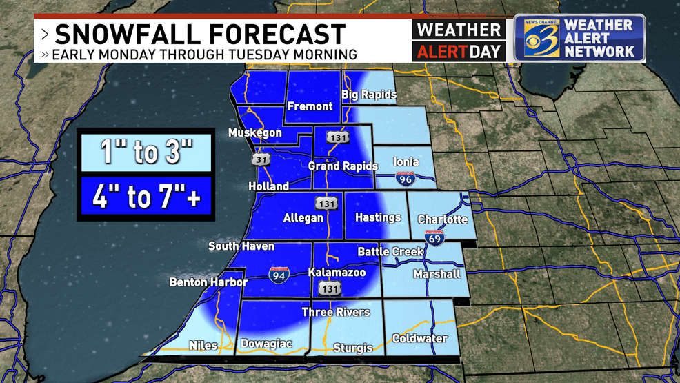 A first look at out expected snowfall from late Sunday through late Monday. In lakeshore counties, as well as those closer to US-131, 4" to 7" is generally expected. Farther away from Lake Michigan, a broad 1" to 3" will still cause travel impacts. (WWMT)