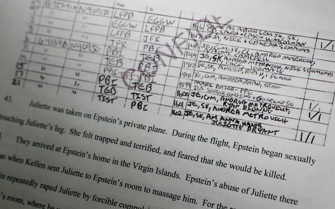Newly-released documents from disgraced late financier and sex offender Jeffrey Epstein, here including a flight log and a description of his alleged abuse detailed in a lawsuit against him, are seen in this handout released by the US Justice Department and printed and arranged for a photograph by Reuters in Washington, DC, on December 19, 2025. 