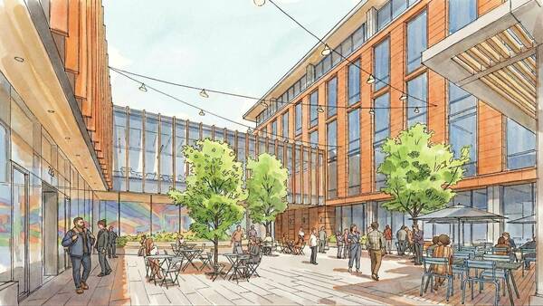 Architectural rendering of a vibrant modern plaza between two orange-brown buildings with tall glass windows. People walk and gather at outdoor tables with blue chairs, some under umbrellas, beneath trees and string lights.