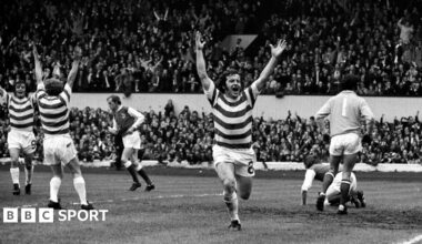 Dixie Deans celebrates scoring for Celtic in the 1972 Scottish Cup final