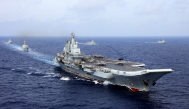 The aircraft carrier Liaoning battle group steam on the sea. The aircraft carrier Liaoning (Hull 16), several guided-missile destroyers, frigates and dozens of aircraft attached to the Navy of the Chinese People