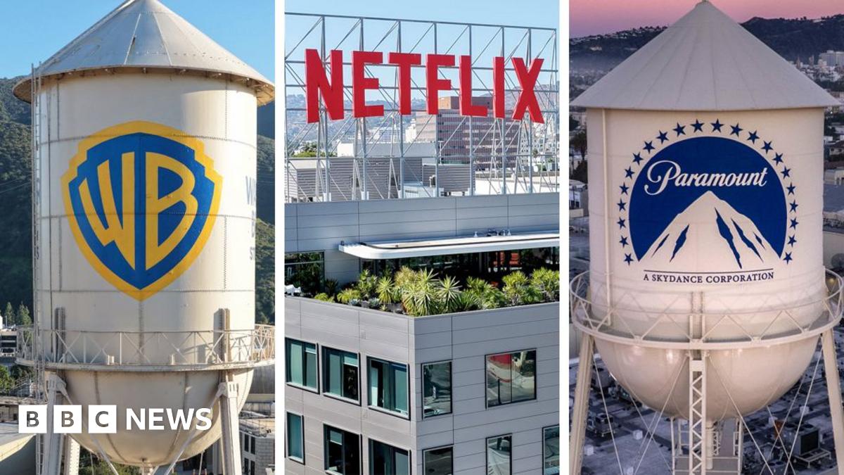 A composite image showing a water tower with the Warner Bros logo, the Netflix sign over a building in LA, and the Paramount logo on another water tower.