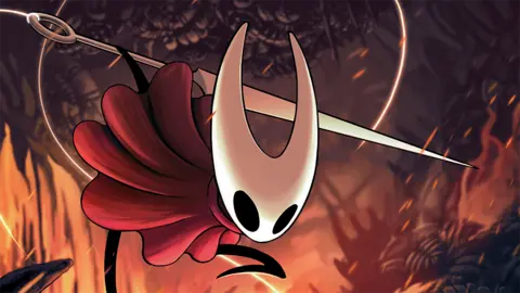 Team Cherry A sketch shows Hornet, the main character of Silksong, jumping in the air and striking at a foe with her needle-shaped weapon. Flames burn around her, casting an orange glow on her red cape and white, horned mask.